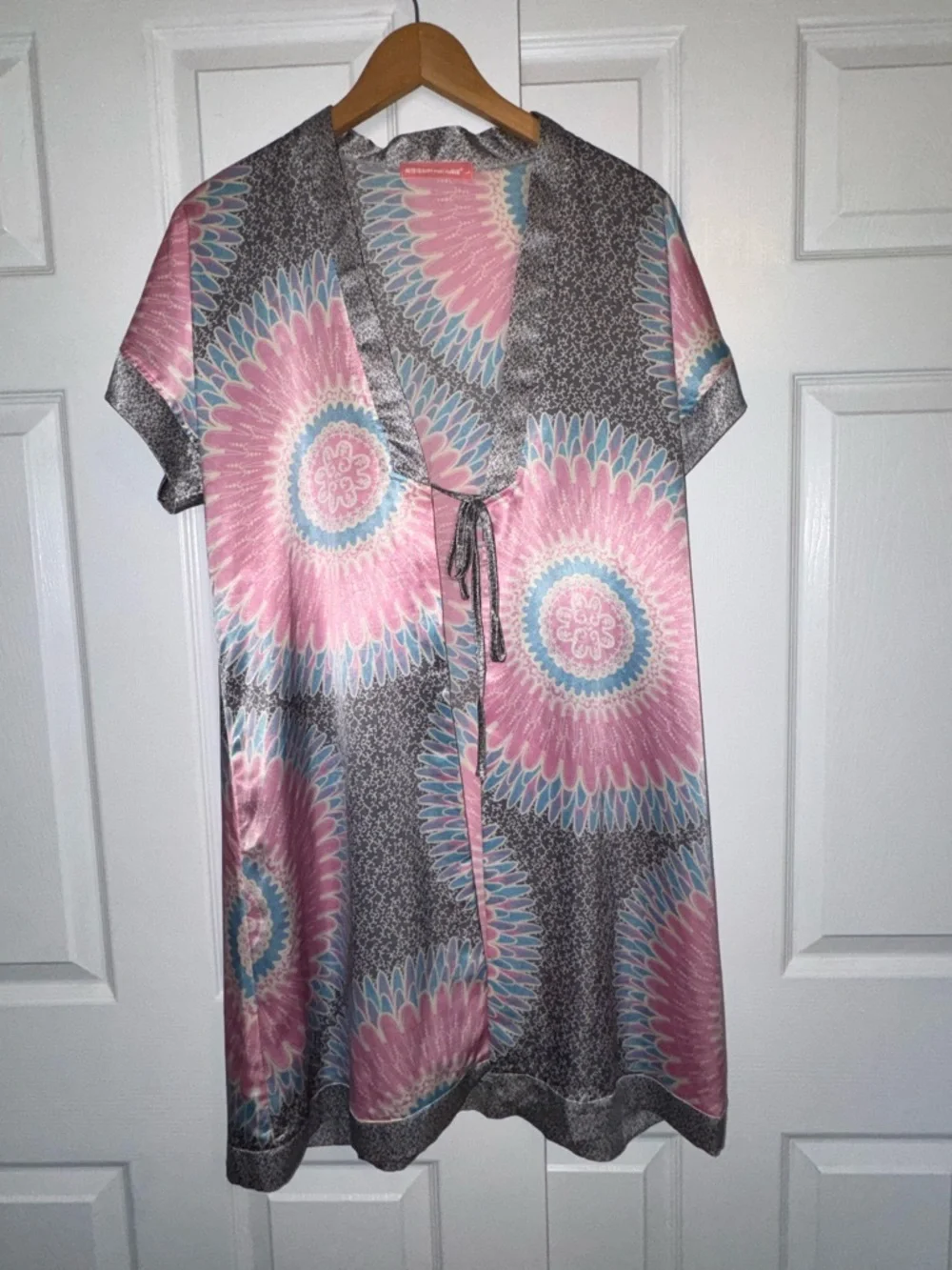 Rainy Night Flower Silk Blend Tunic Dress Boho Print Pink Blue Size L